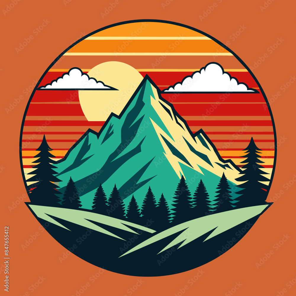 Wall mural mountain and forest illustration with retro style for t-shirt design