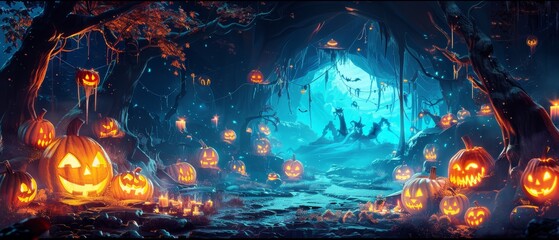 Spooky Halloween scene with glowing jack-o-lanterns and a haunted house in the distance.