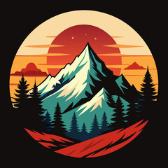 mountain and forest illustration with retro style for t-shirt design