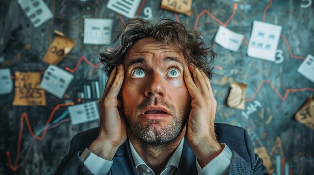 Stressed businessman overwhelmed by work and deadlines. Concept of burnout and pressure.