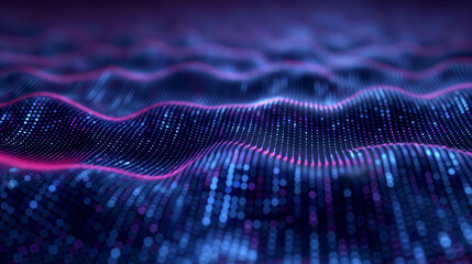 Abstract 3d render futuristic digital wave of data or music audio wave background banner, glowing pink and blue dots on wavy pattern.