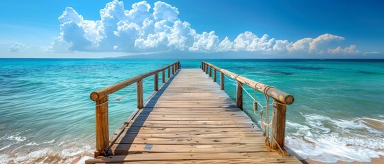 Naklejka premium Wooden pier extending into a turquoise ocean with white clouds in the sky.