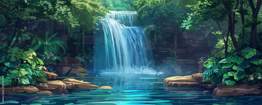 Poster waterfall cascading into a crystal-clear pool. vector flat minimalistic isolated illustration.