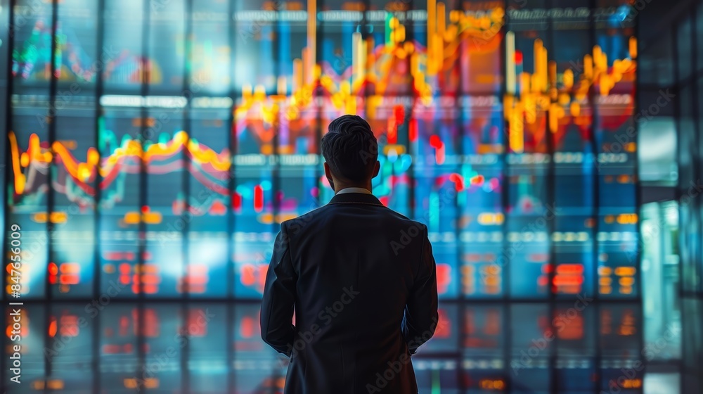 Poster a businessman stands before a large screen displaying colorful financial data. he is analyzing the c