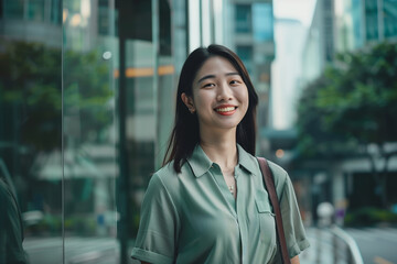 Obraz premium Smiling Asian Office Lady in Office Building Background