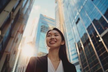 Smiling Asian Office Lady in Office Building Background