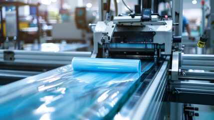 Fototapeta premium Automated machine wraps plastic around food and products. The machine is part of a packaging line. Packaging line uses light blue plastic film.