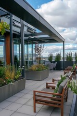 Professional Photography of the outdoor terrace or rooftop garden offering panoramic views and fresh air for employees to enjoy, Generative AI