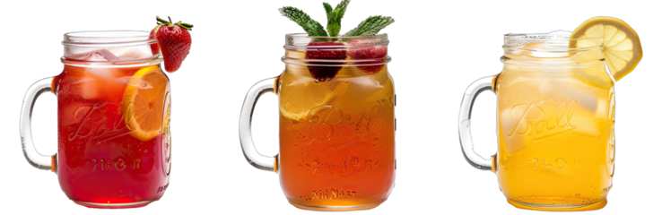 Mason Jars With Lemonade, Iced Tea, and Strawberry Juice. Isolated on a Transparent Background. Cutout PNG.