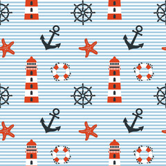 Nautical seamless pattern, anchor, lighthouse, lifebuoy, starfish and rudder on background with waves. Background, print, textile, wallpaper © Tatiana