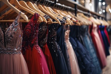 Wide angle shot of prom dresses on hangers in the store. Soft lighting created a romantic atmosphere, in the style of a fashion photographer.