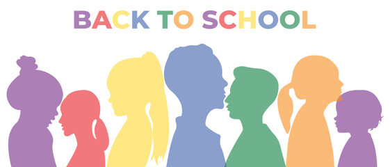 Back to school.Horizontal banner with silhouettes of children of different nationalities.Vector illustration.