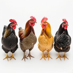 Fototapeta premium Color hens, different hens and roosters set isolated, chickens on white background