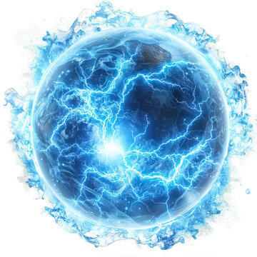 round blue energy power isolated on transparent background ,blue electric ball ,generative ai