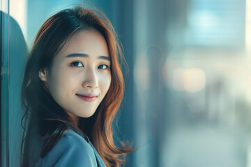 Fototapeta premium Smiling Asian Office Lady in Office Building Background