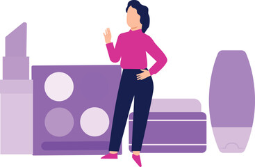 Girl standing in front of eye shadow products.