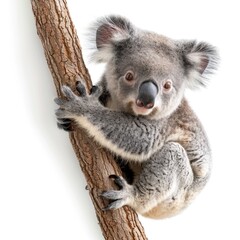 Fototapeta premium A koala is sitting on a tree branch. The koala is looking at the camera with a curious expression