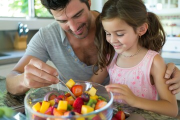 Man serves fruit salad to daughter