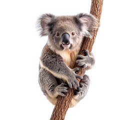Fototapeta premium A koala is sitting on a tree branch. The koala is looking at the camera with a curious expression