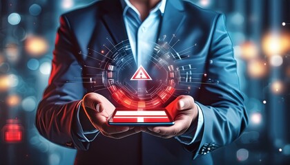 SMS spam and fake text message phishing concept. System hacked warning alert, email hack, scam malware spreading virus on messages alert virtual on mobile smart phone screen in hands, dark tone