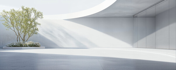 Empty minimal abstract architecture building interior or exterior concrete design open space floor courtyard white showcase area and curved walls museum, display showroom mockup environment background