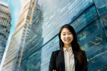 Smiling Asian Office Lady in Office Building Background