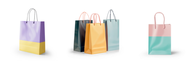 colorful shiny and paper luxury stylish and elegant fancy bag set for mall and women fashion store presents or buying bags mockup, isolated on transparent png cutout background