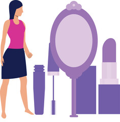 The girl is looking at the cosmetics.