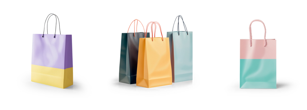 colorful shiny and paper luxury stylish and elegant fancy bag set for mall and women fashion store presents or buying bags mockup, isolated on transparent png cutout background