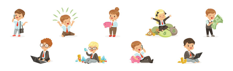 Kid Character In Financial Business Dealing with Money Vector Set