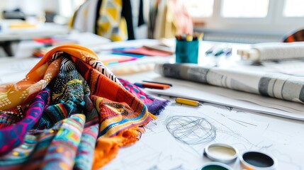 Fashion designers studio with fabrics and sketches, isolated on white background, stylish and professional, highresolution, copy space