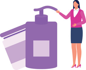 The girl is pointing at the foundation bottle.