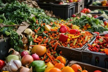 Many different types of vegetables in boxes at a market, stop food waste day