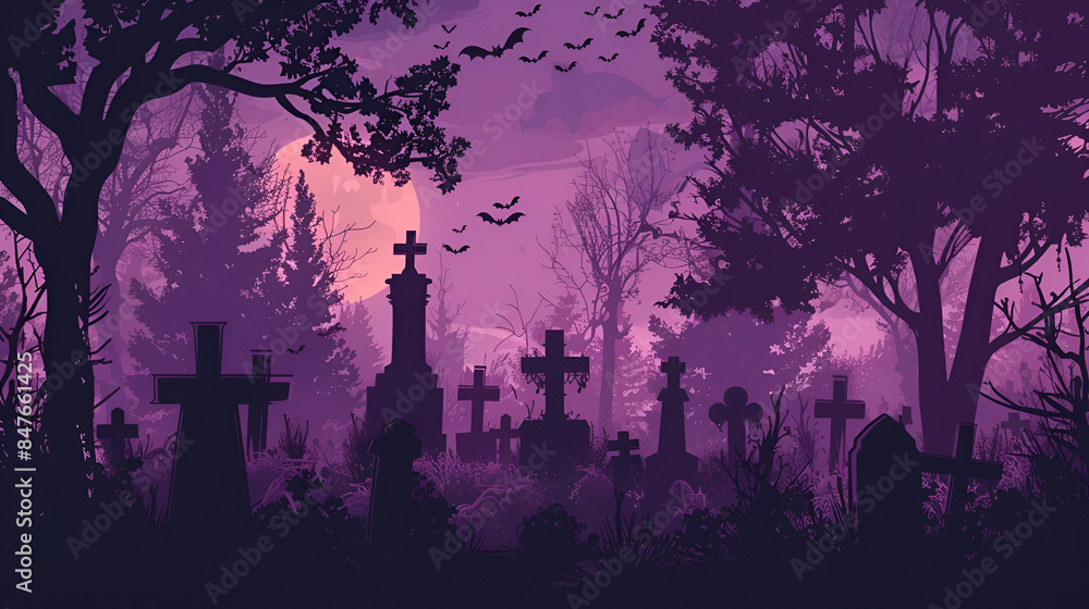 Wall mural old cemetery silhouette abandoned graveyard in hallowe, generative ai - Wall murals