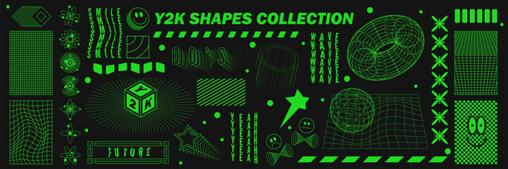 Abstract geometry wireframe shapes and patterns, cyberpunk elements, signs and perspective grids. Surreal geometric retro signs. Rave psychedelic futuristic Y2k acid aesthetic set. Vector illustration