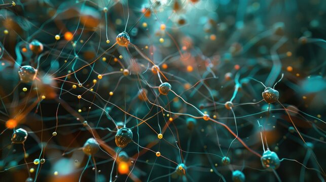 The image is an abstract representation of a neural network. It is composed of a large number of interconnected nodes, which are arranged in a three-dimensional grid. The nodes are connected by a