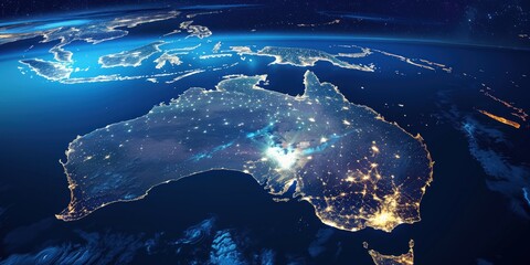 Satellite view of Earth at night showing illuminated cities in Australia and surrounding regions with a curved horizon. Nighttime satellite photography. Global connectivity and urbanization concept.