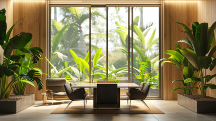 A minimalist office with sleek furniture, wood accents, and large windows showcasing vibrant indoor plants,