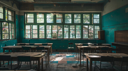 Naklejka premium Empty classroom with dusty desks and cobwebs, showing how the pandemic has kept schools closed.