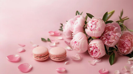 Pink peony and pink macaron in front of a pink background, the romantic concept of Valentine's Day
