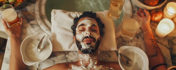 Friends having a DIY spa day for National Men Make Dinner Day, November 1st, pampering and relaxation, 4K hyperrealistic photo.