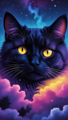 Black cat, purple transparent clouds