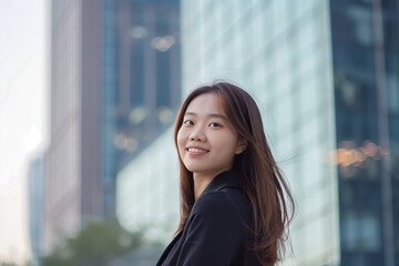 Fototapeta premium Smiling Asian Office Lady in Office Building Background