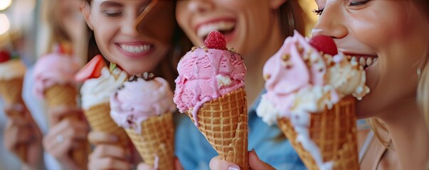 Friends having an ice cream social for National Ice Cream Cone Day, September 22nd, enjoying cones and toppings, 4K hyperrealistic photo.