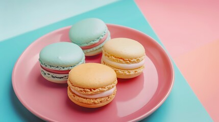Fototapeta premium Tasty mini macaroon dessert on dish isolated on colorful background
