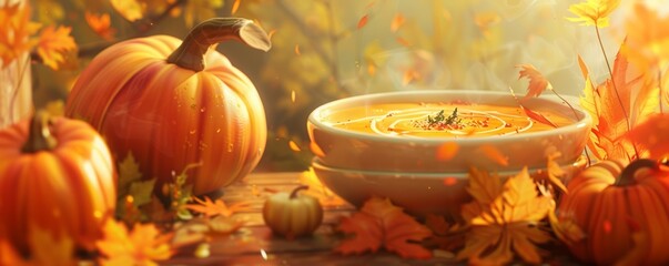 Making pumpkin soup for National Pumpkin Day, October 26th, creamy bowls and autumn flavors, 4K hyperrealistic photo.