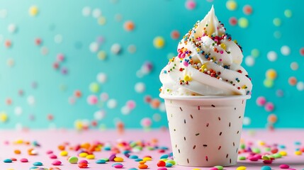 Tasty sweet ice cream in cup isolated on colorful background