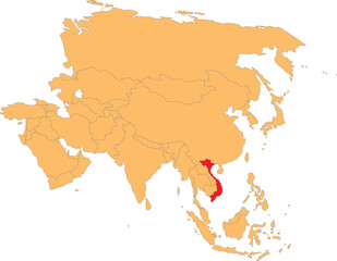 Obraz premium Highlighted red map of VIETNAM inside orange detailed political map of Asia using orthographic projection on transparent background