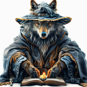 Cute Wolf wizard cartoon character wearing magic robe and magic hat. Chibi Wolf magician