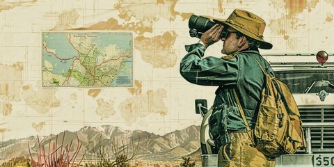 A man looking through binoculars at a map. AIGZ01